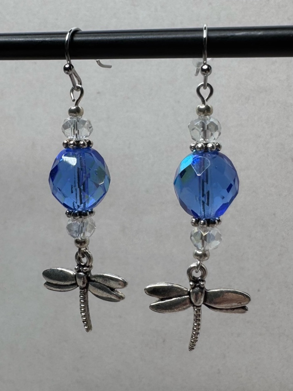 Hand Crafted Dragonfly & Crystal Dangle Earrings Blue, Clear & Silver 2.25" NWT